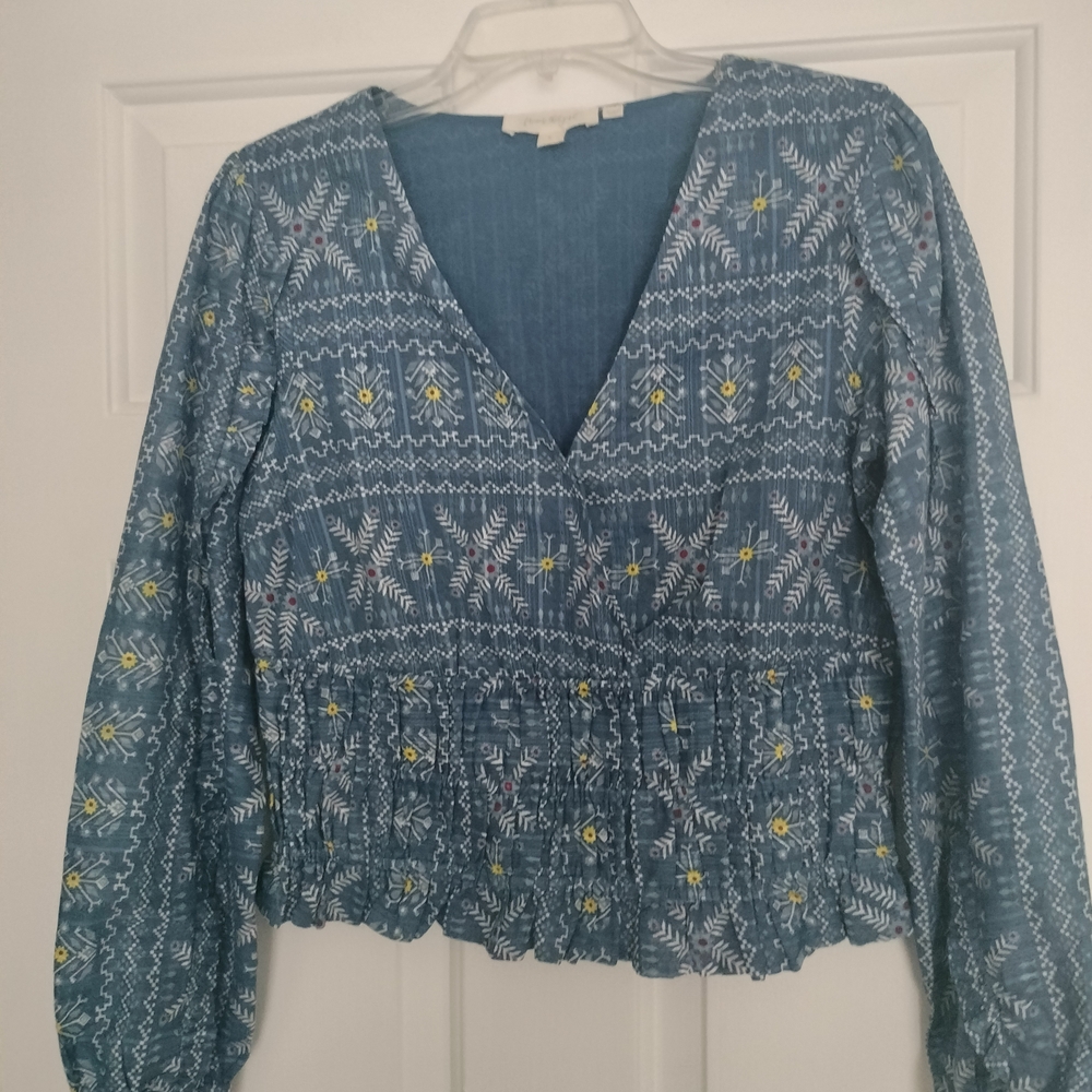Anthropologie Forever That Girl Cropped Boho Floral Smocked Long Sleeve Blouse